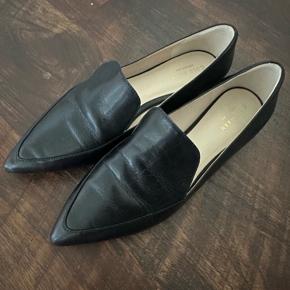 Cole Haan Brie Black Genuine Leather Pointed Toe Skimmer Slip on Flats Size 8